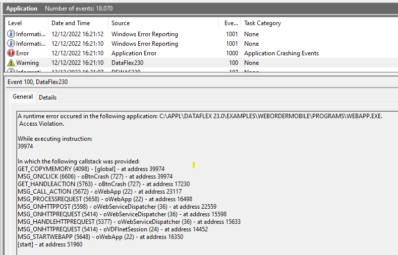 WebApp Crash Log Windows Event Viewer